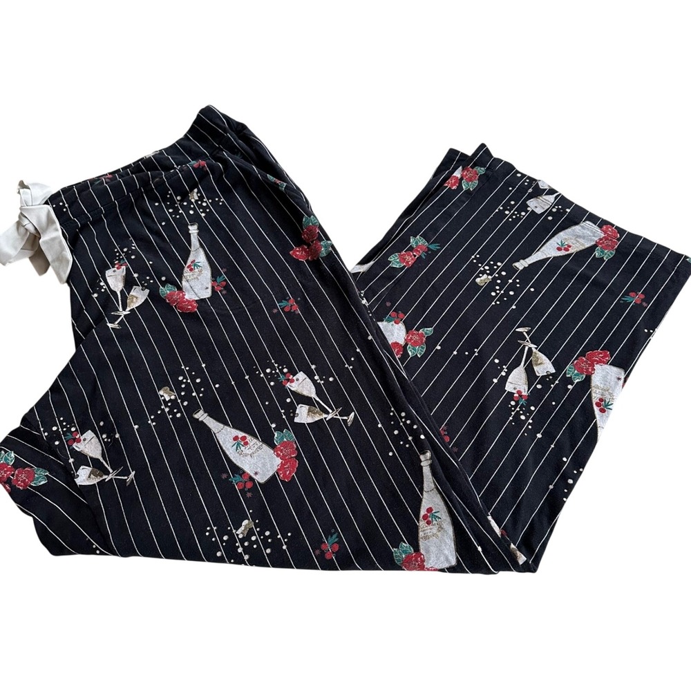 Soma Women's XL Black Pinstripe Pajama Pants Champagne NYE PARTY! Toast Roses